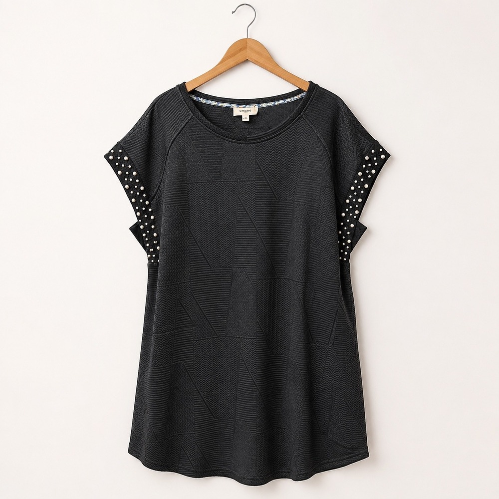Umgee Black Pearl Embellished Textured Shift Dress Plus Size 1XL WK8726 Pockets